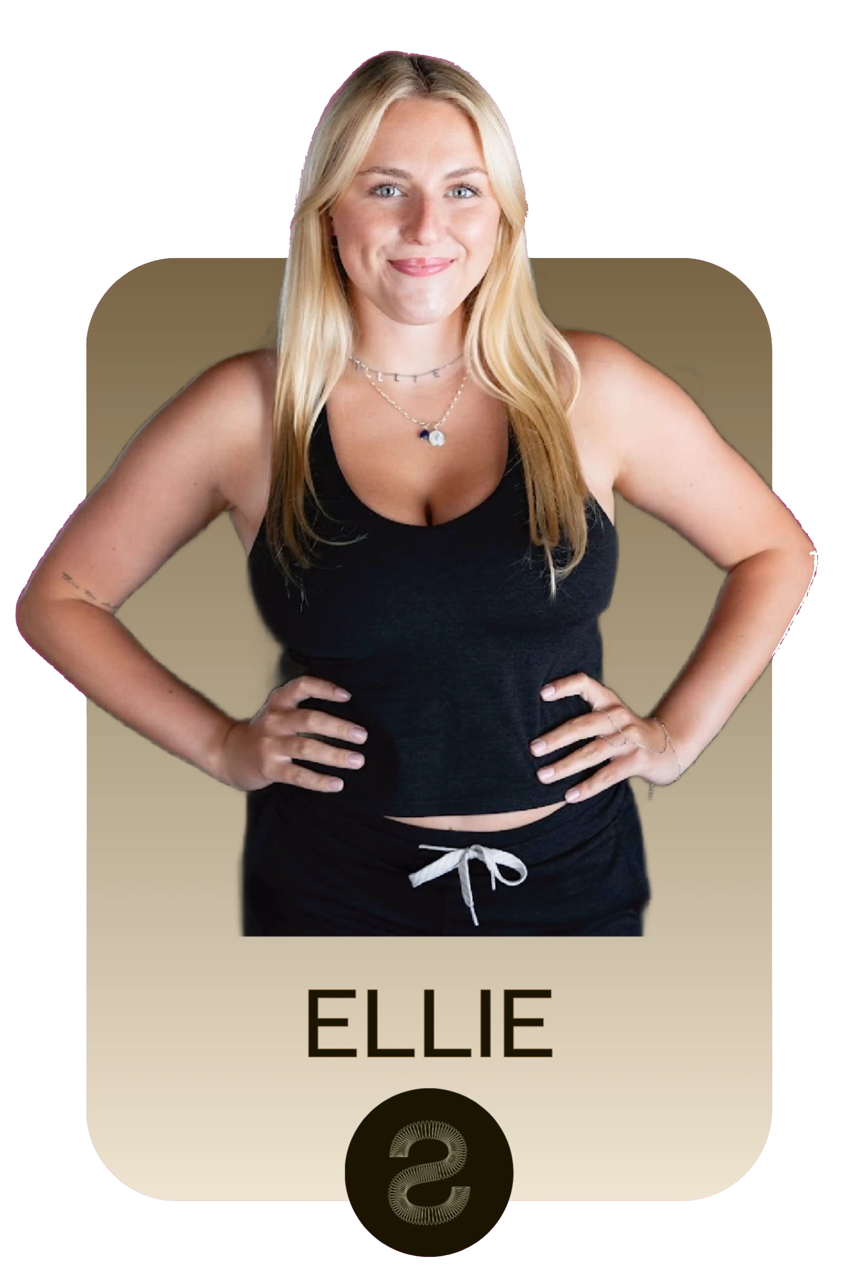 Smiling blonde woman in black tank top and shorts, hands on hips, with name Ellie below.