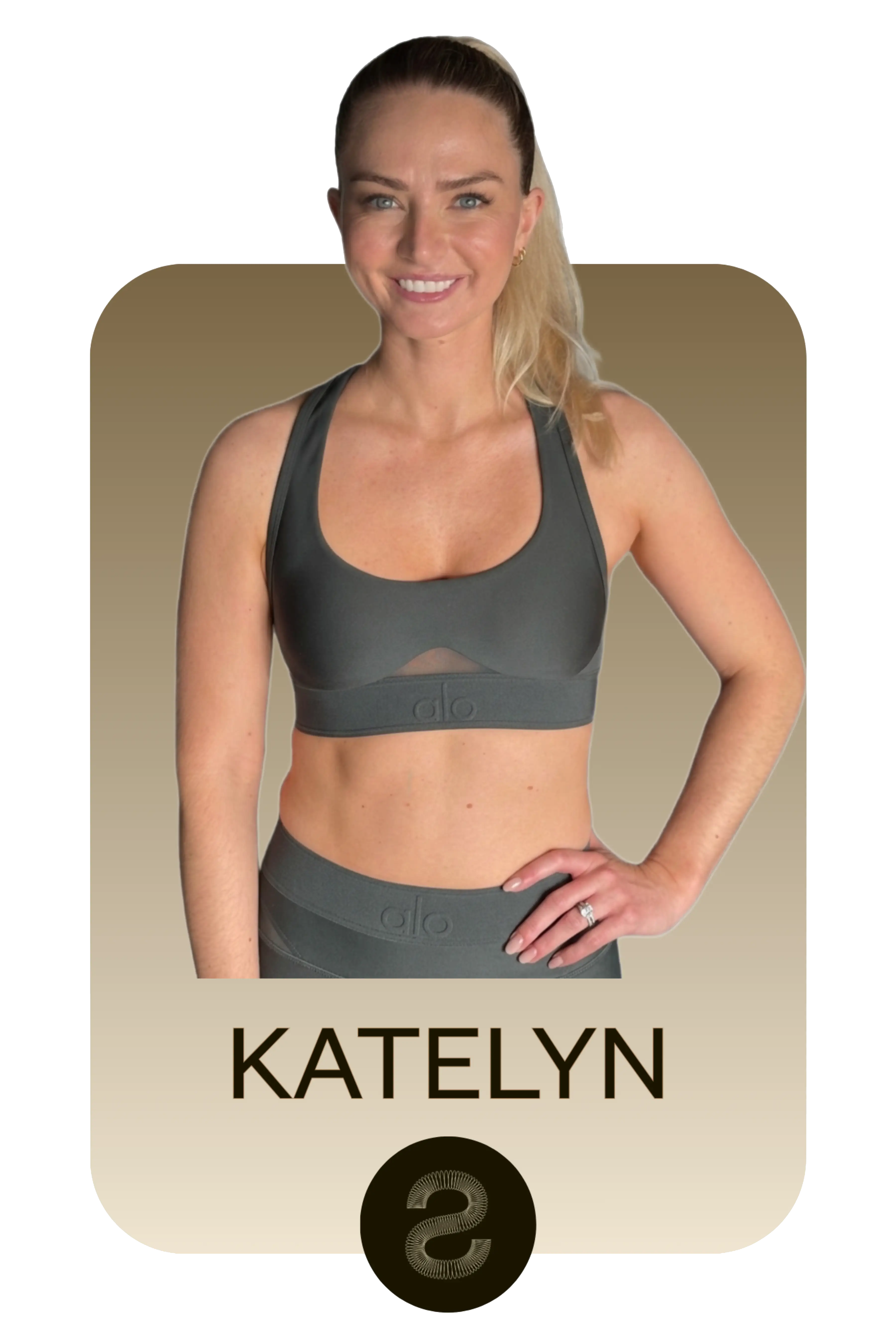 Smiling woman with blonde hair in a ponytail wearing a dark gray sports bra and leggings standing with hand on hip against a beige gradient background with the name KATELYN below.