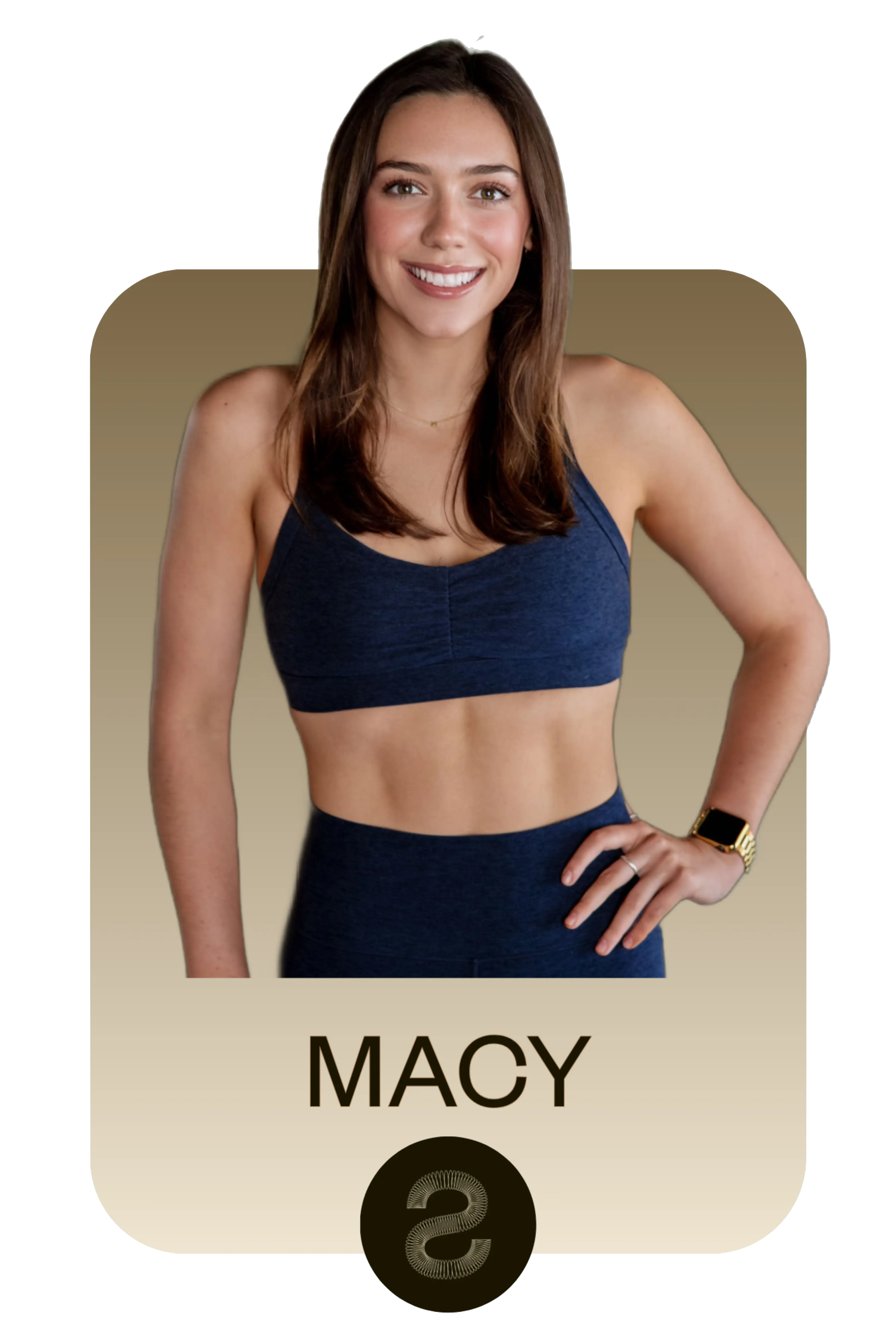 Smiling woman in a navy sports bra and leggings, with brown hair and a smartwatch, labeled MACY.