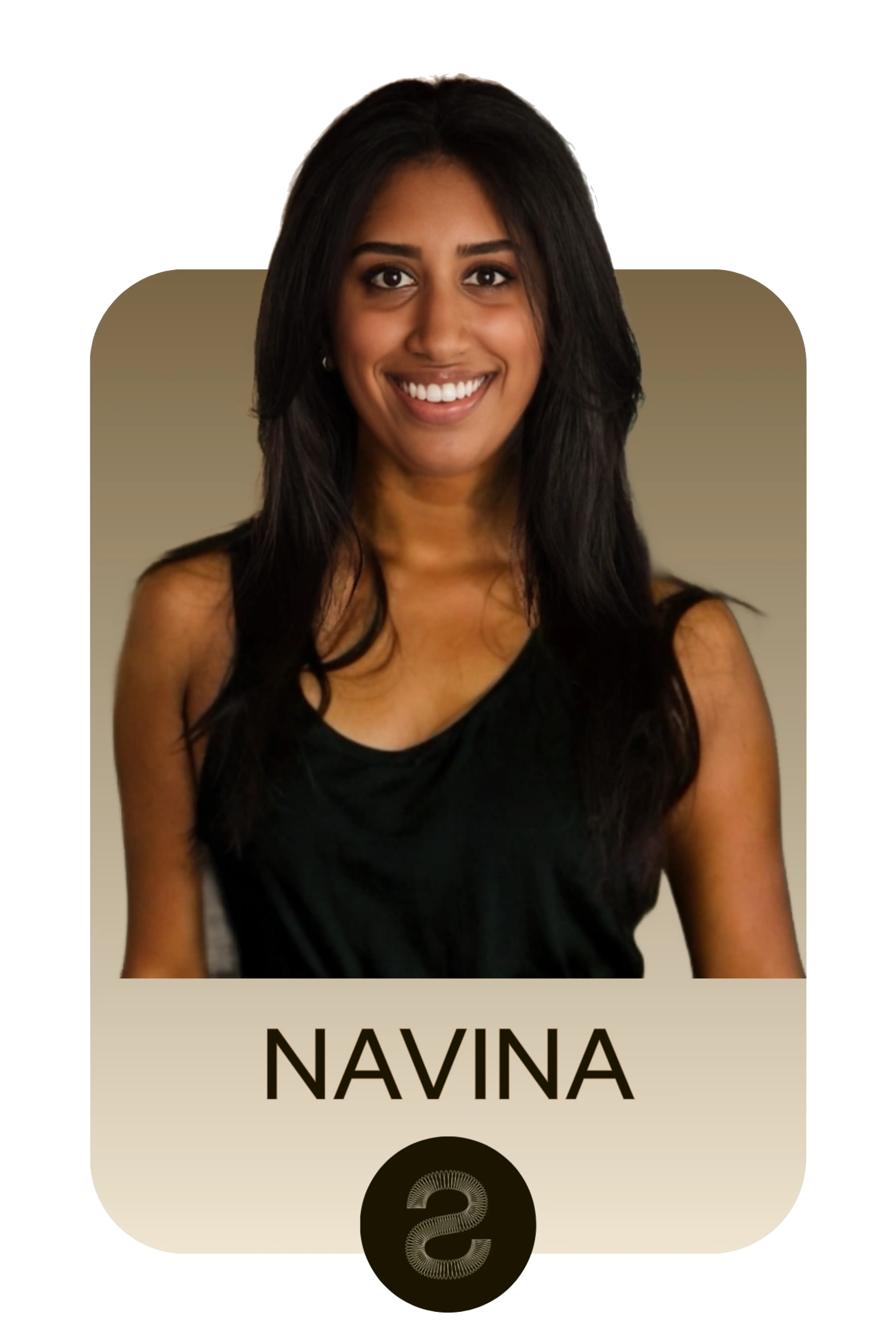 Smiling woman with long dark hair wearing a sleeveless black top, labeled Navina.