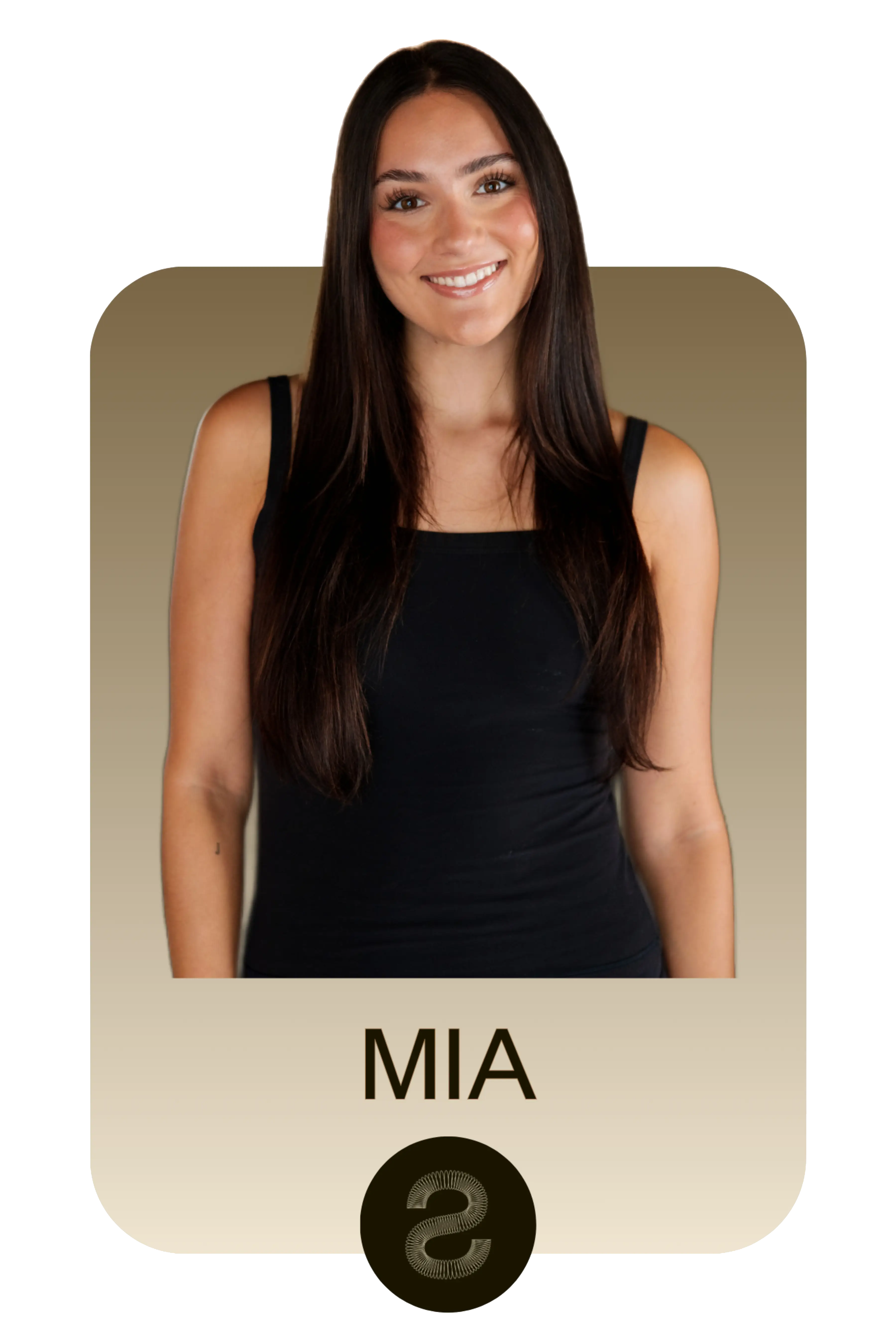 Smiling woman with long dark hair wearing a black sleeveless top on a gradient beige background with the name Mia below her portrait.