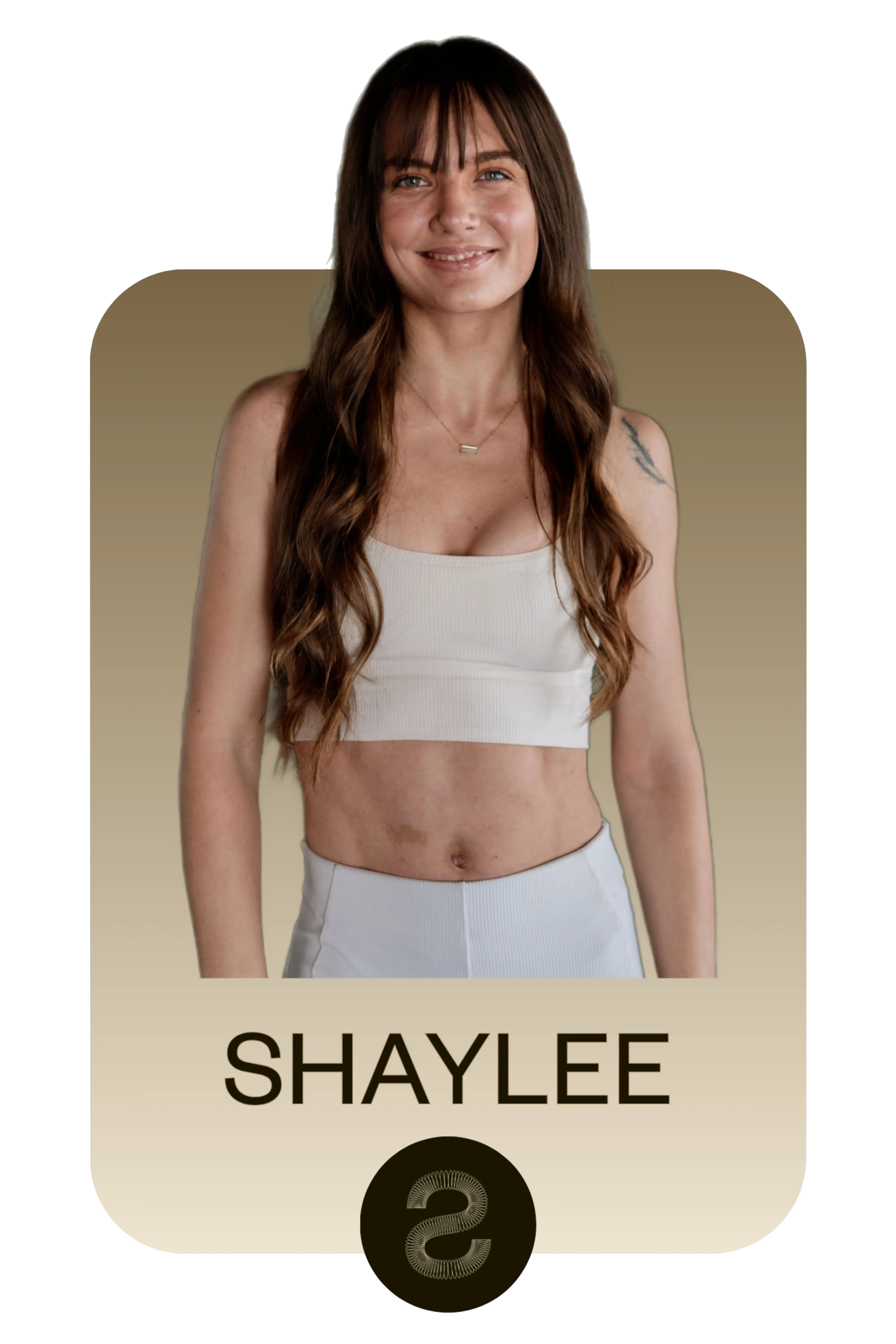 Smiling woman with long brown hair wearing a white crop top and pants against a beige gradient background with the name Shaylee below.