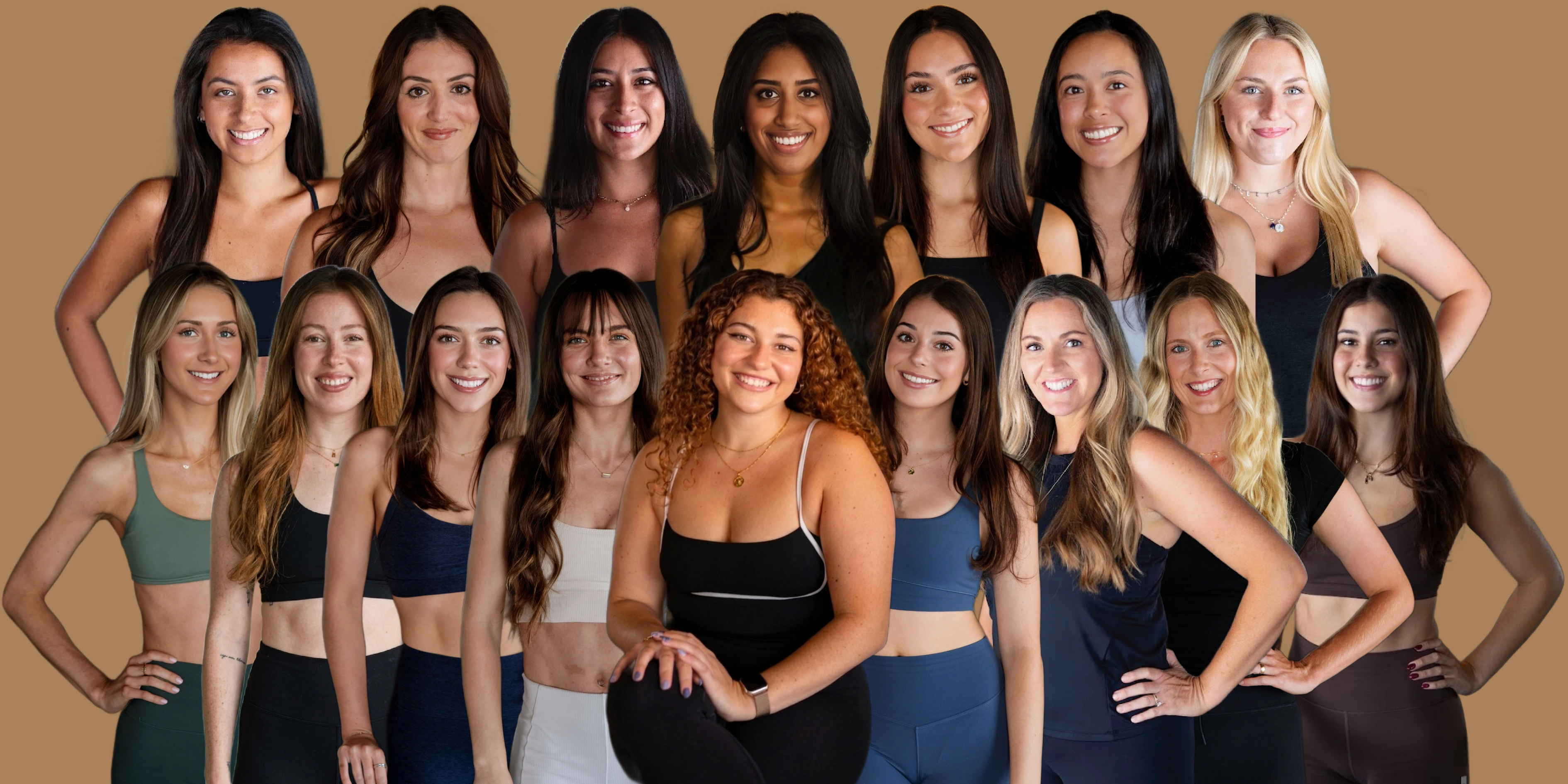 Group of 16 women in athletic wear standing and smiling against a plain brown background.