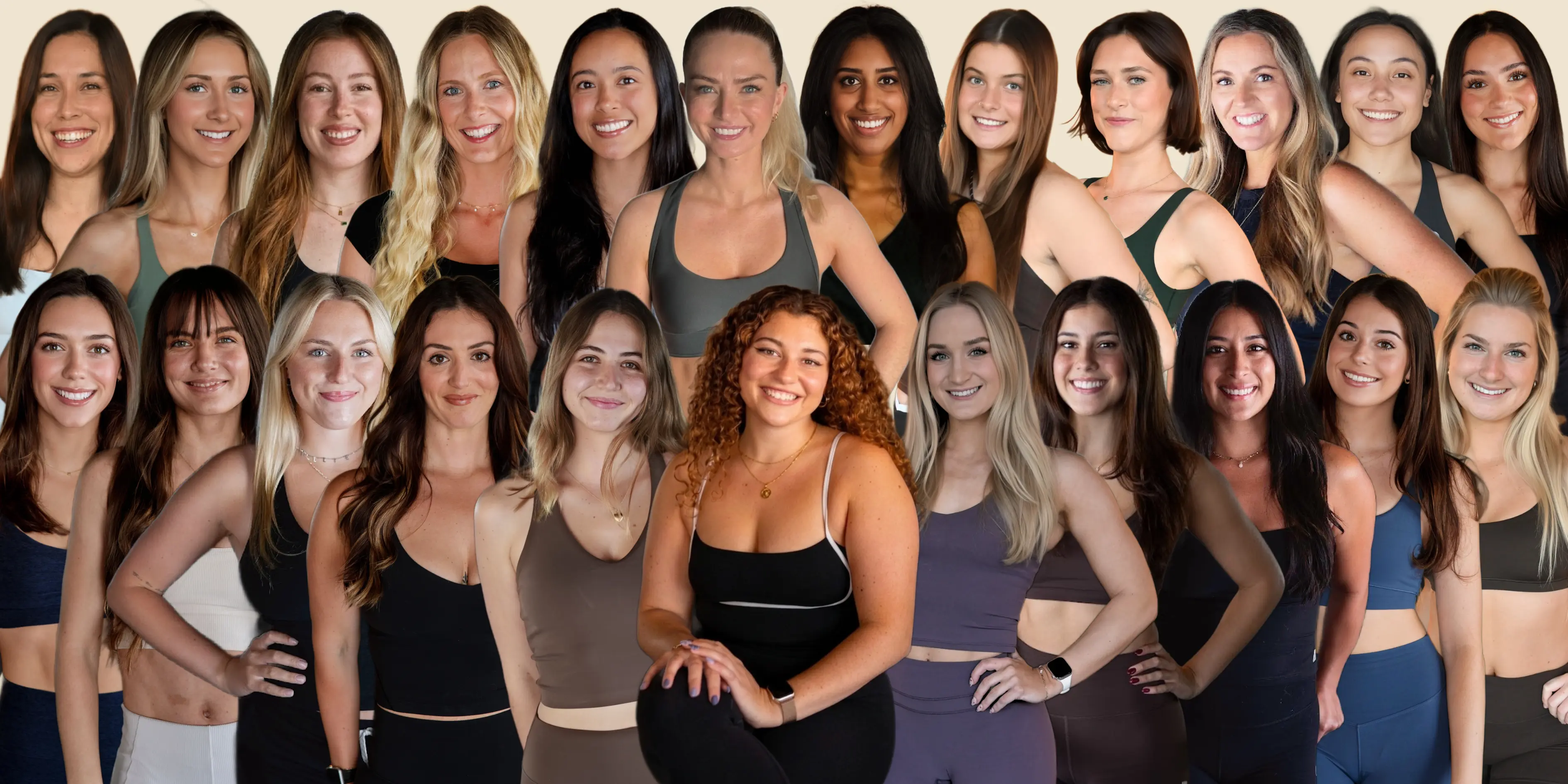 Group of 22 diverse young women smiling and posing in athletic wear against a plain light background.