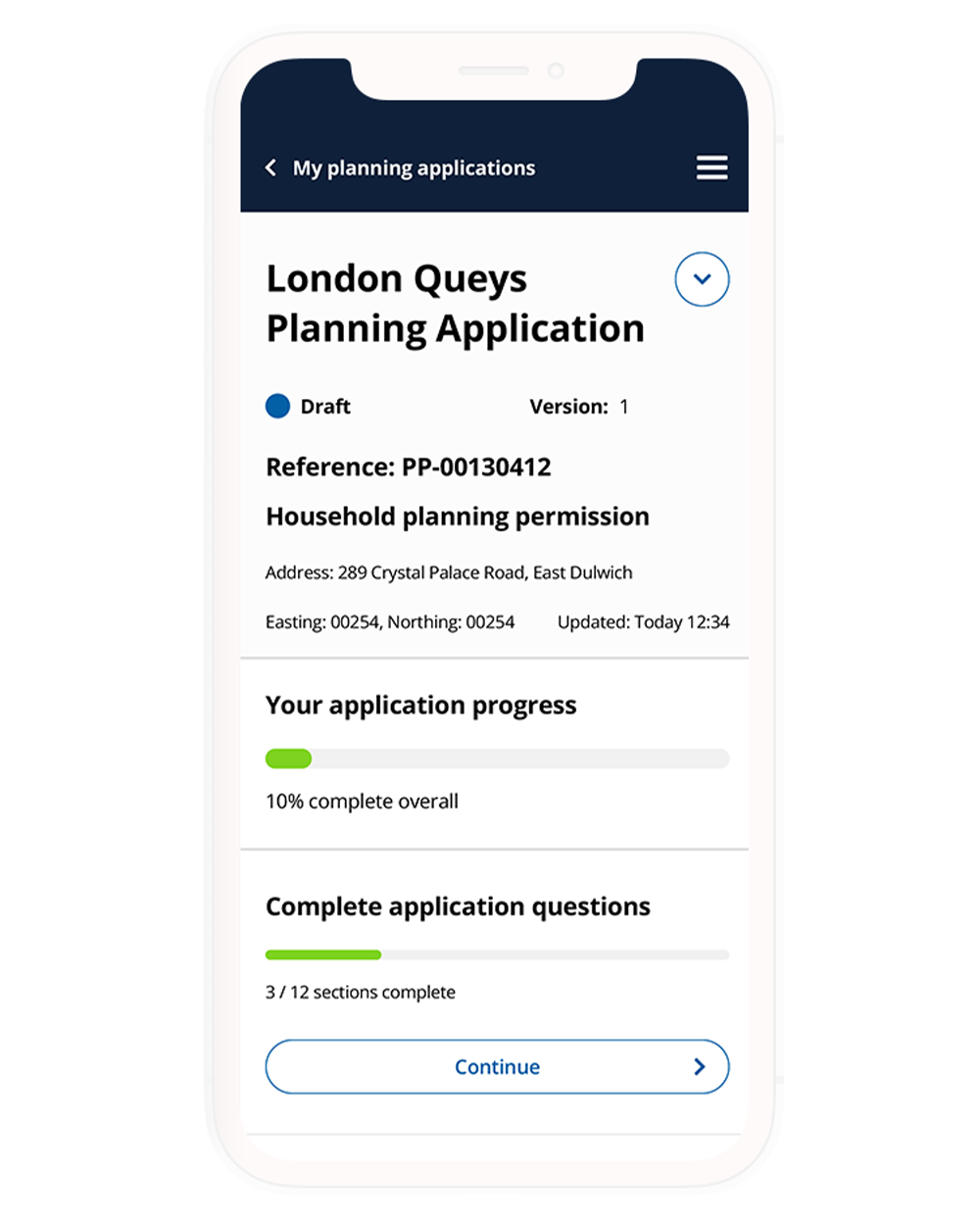 Screen mock up of the Planning Portal, planning application software