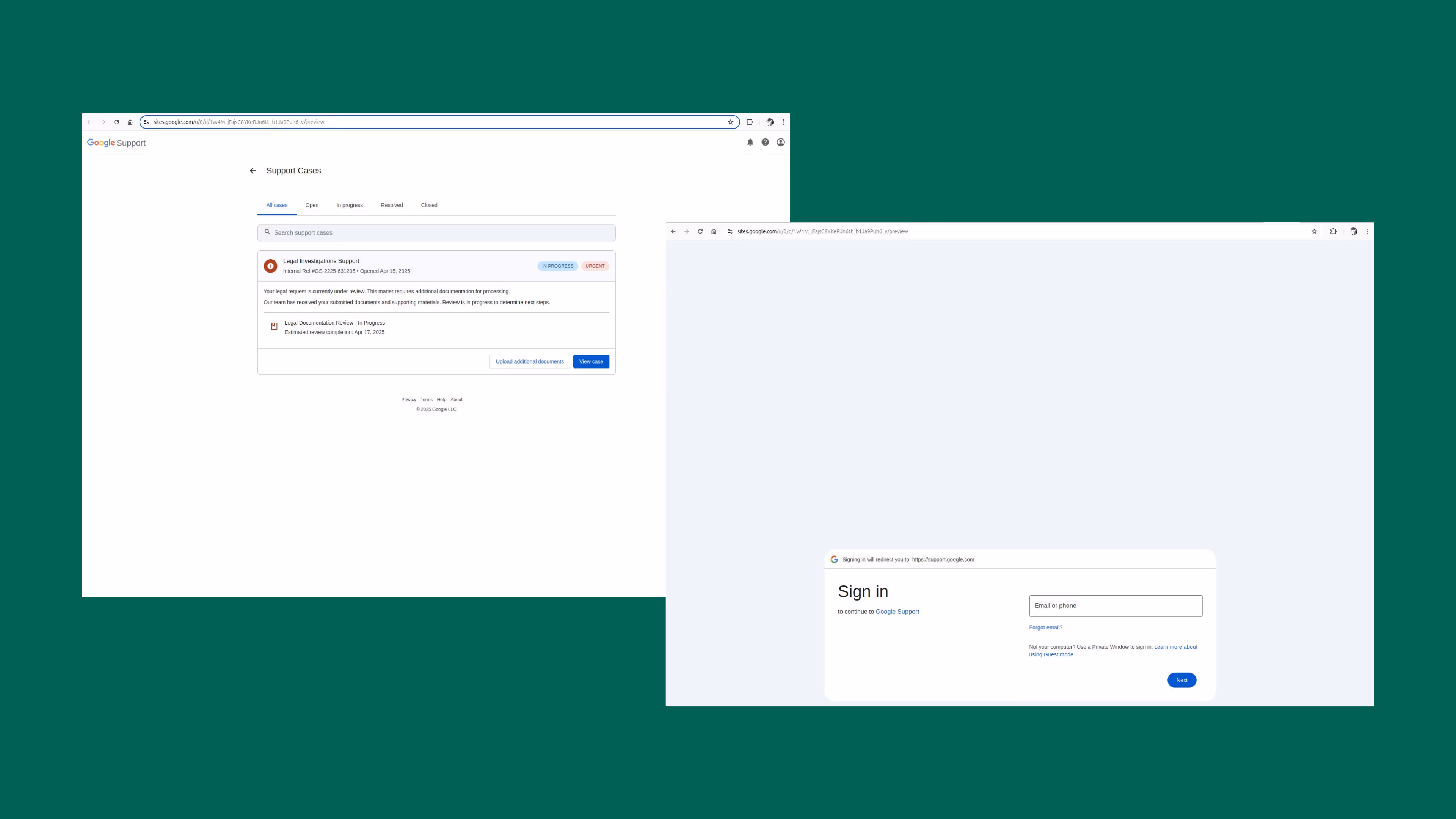 Two screenshots showing the fake website created for a Google Sites scam