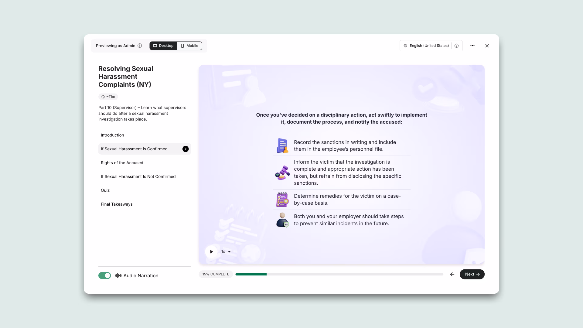 A training module on resolving sexual harassment complaints in New York