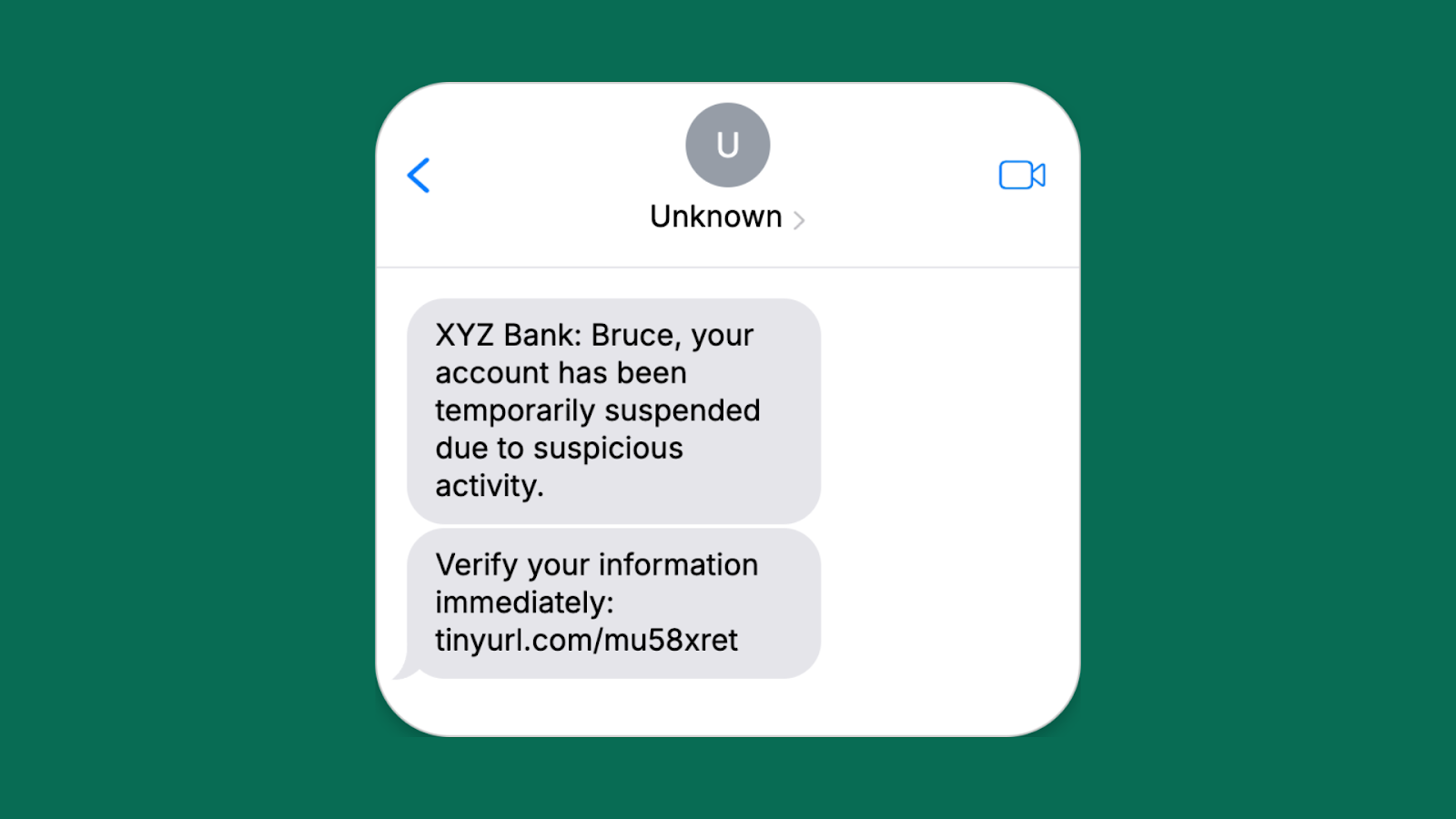 A smishing example of a bank account alert for suspicious activity
