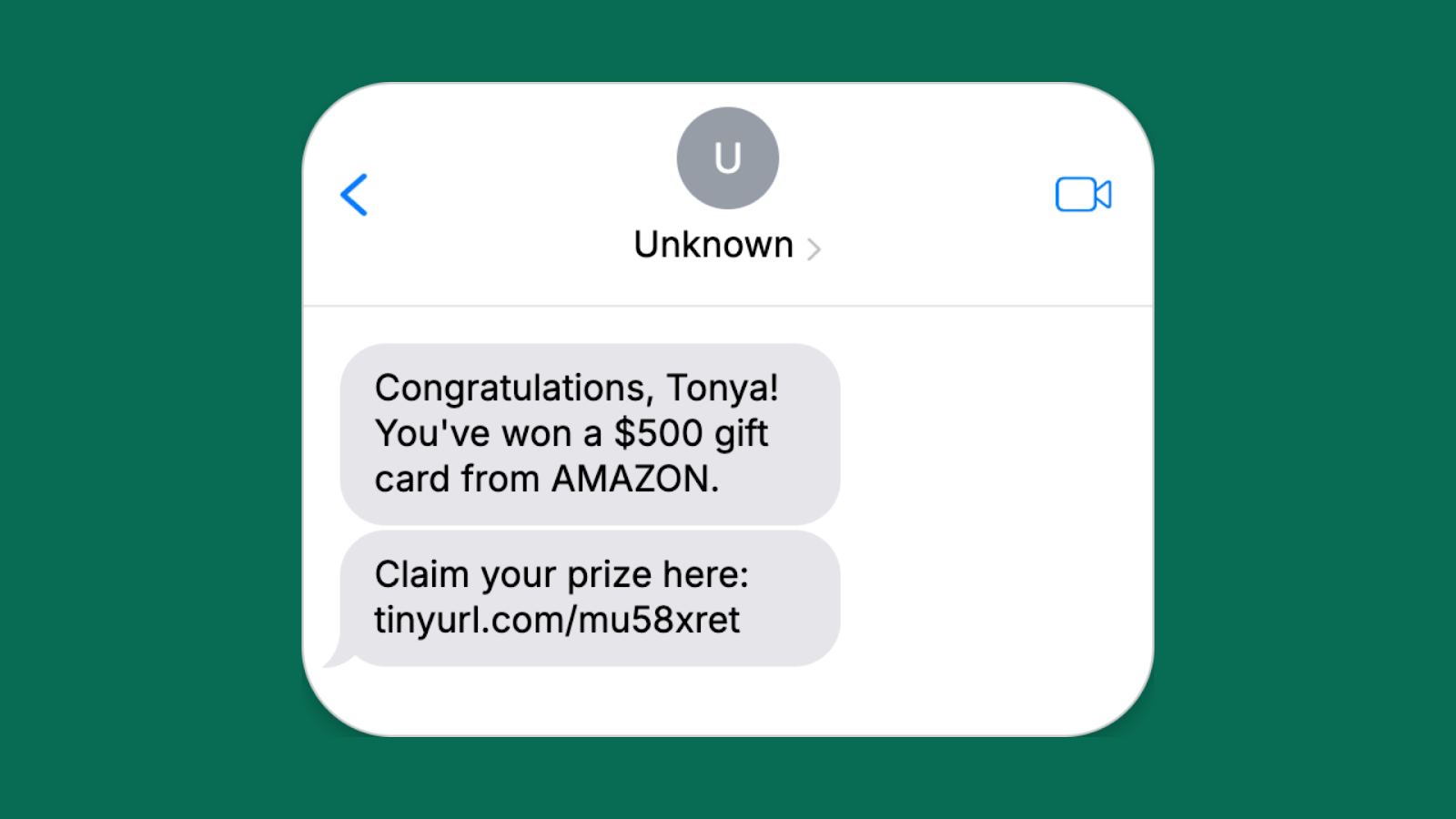 A smishing example of fake contest winnings for an Amazon gift card