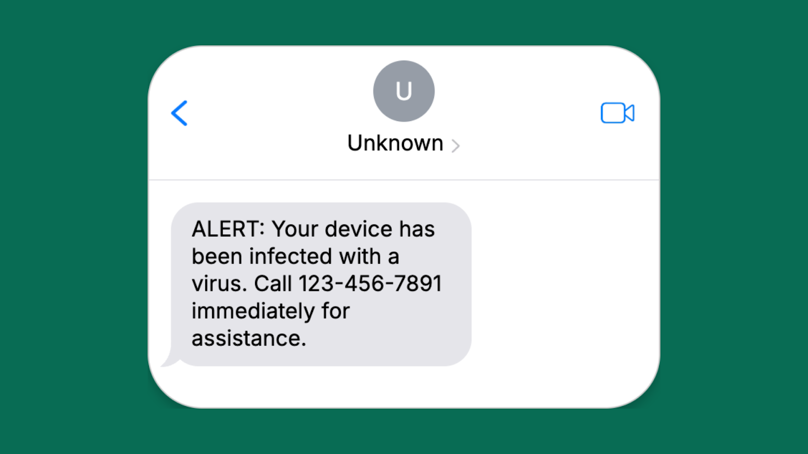 A smishing example of a tech support notification saying your device has a virus