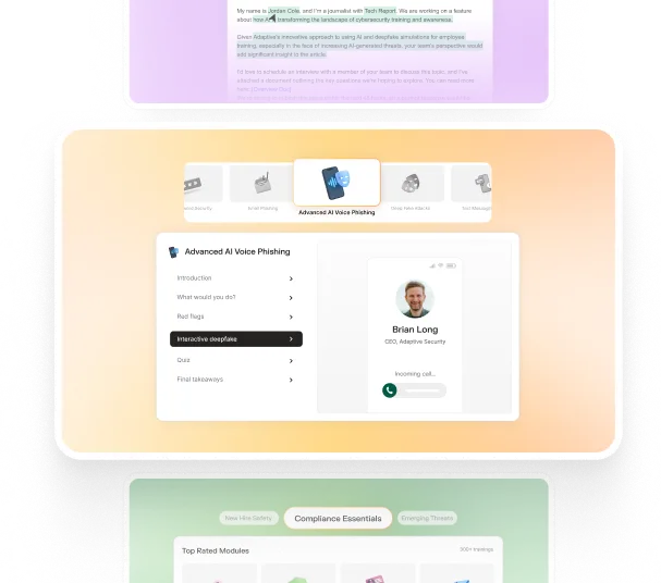 User interface showing an Advanced AI Voice Phishing training module with menu options and a simulated call from Brian Long, CEO of Adaptive Security.
