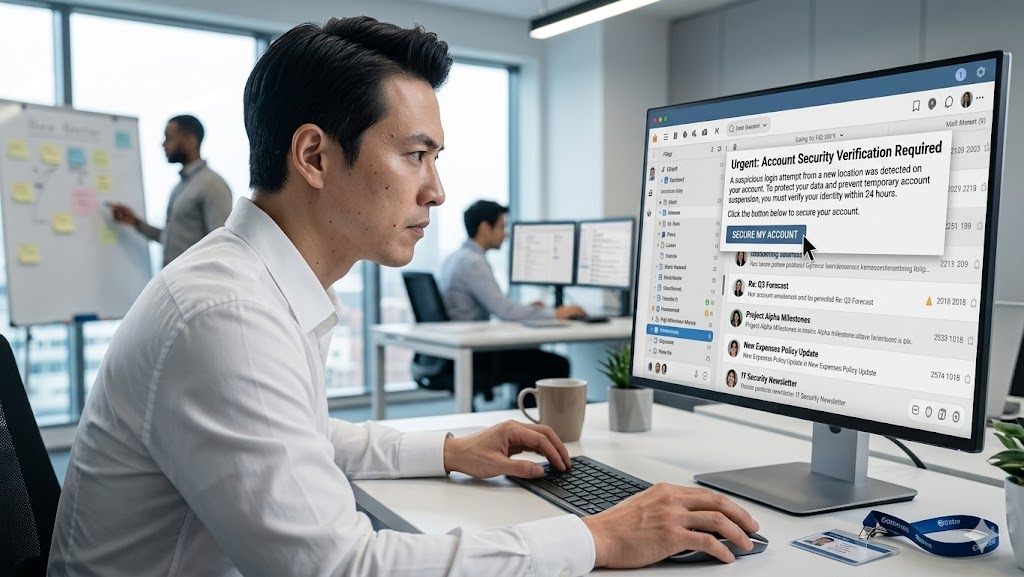 A trained employee checks for signs of phishing in every email after training