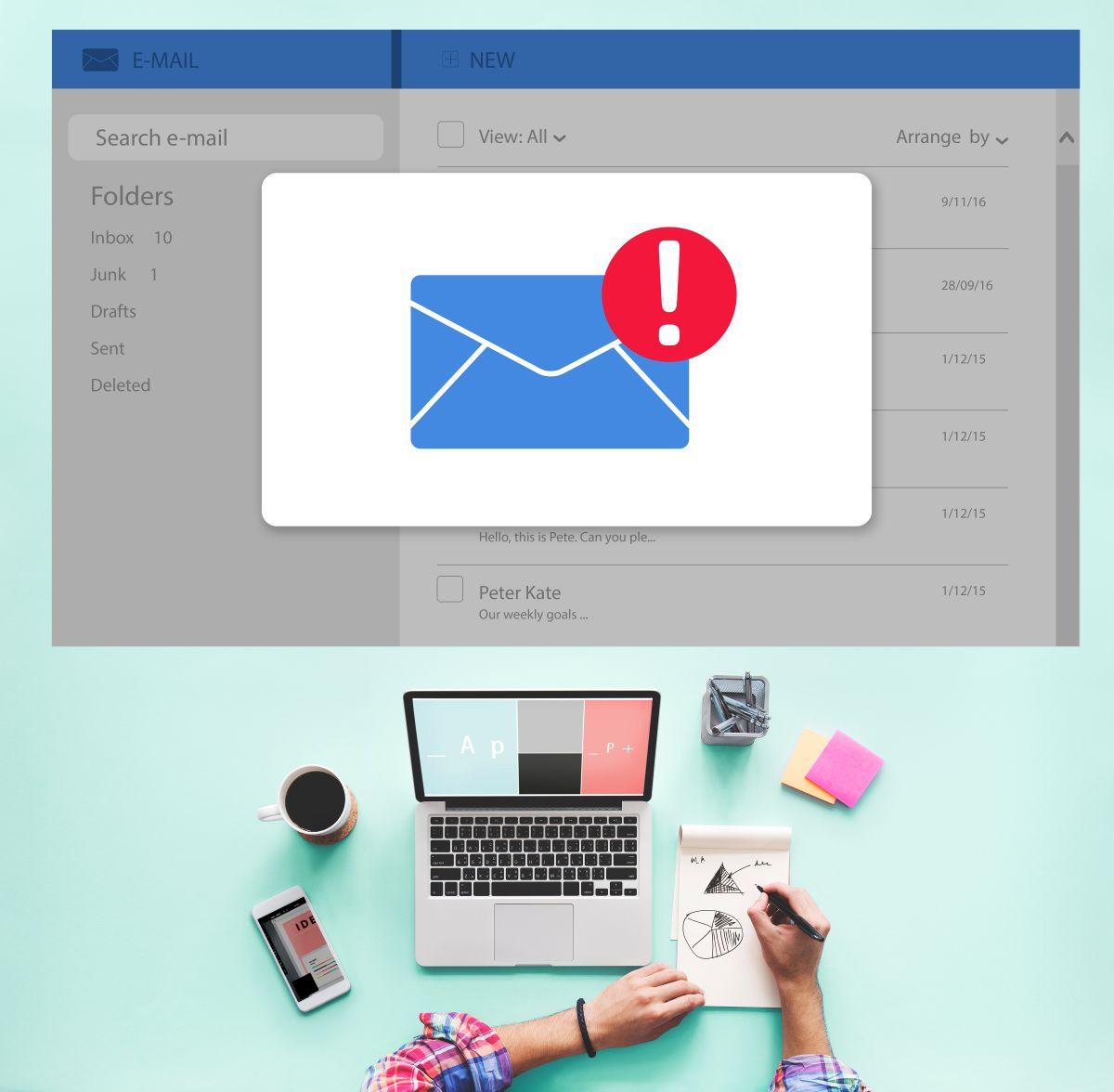 Illustration of a suspicious phishing email alert on a computer screen.