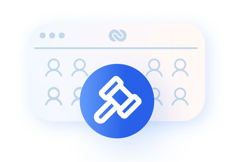 Illustration of compliance or governance with user icons and gavel symbol
