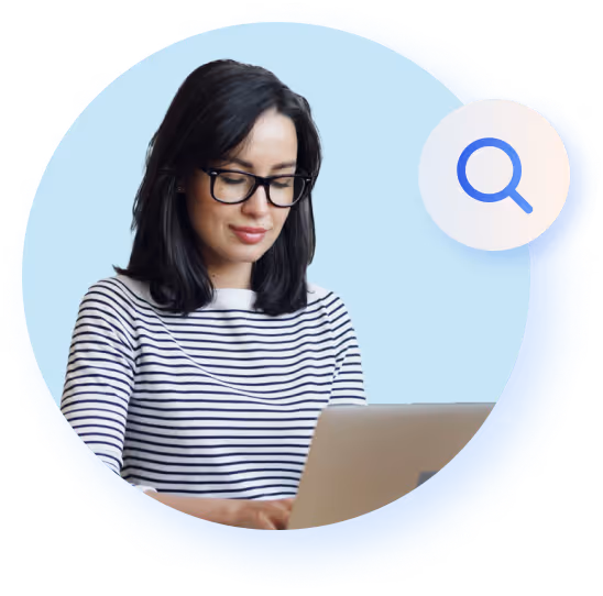 Woman researching on laptop with magnifying glass icon