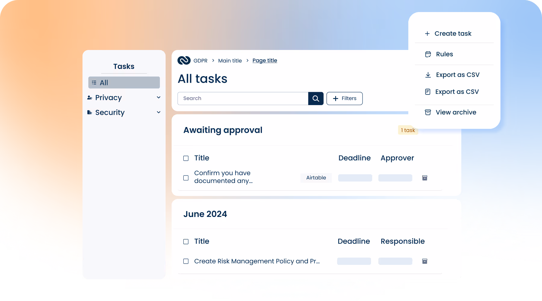 ComplyCloud task overview showing GDPR approvals, deadlines, and export options