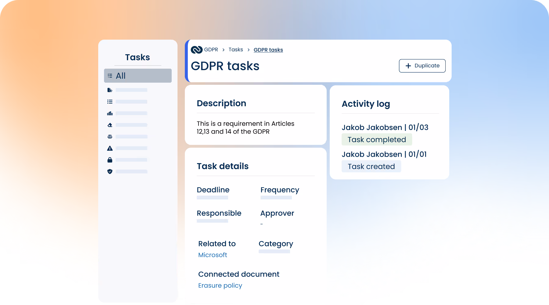 GDPR task management dashboard with responsibilities and linked documents.