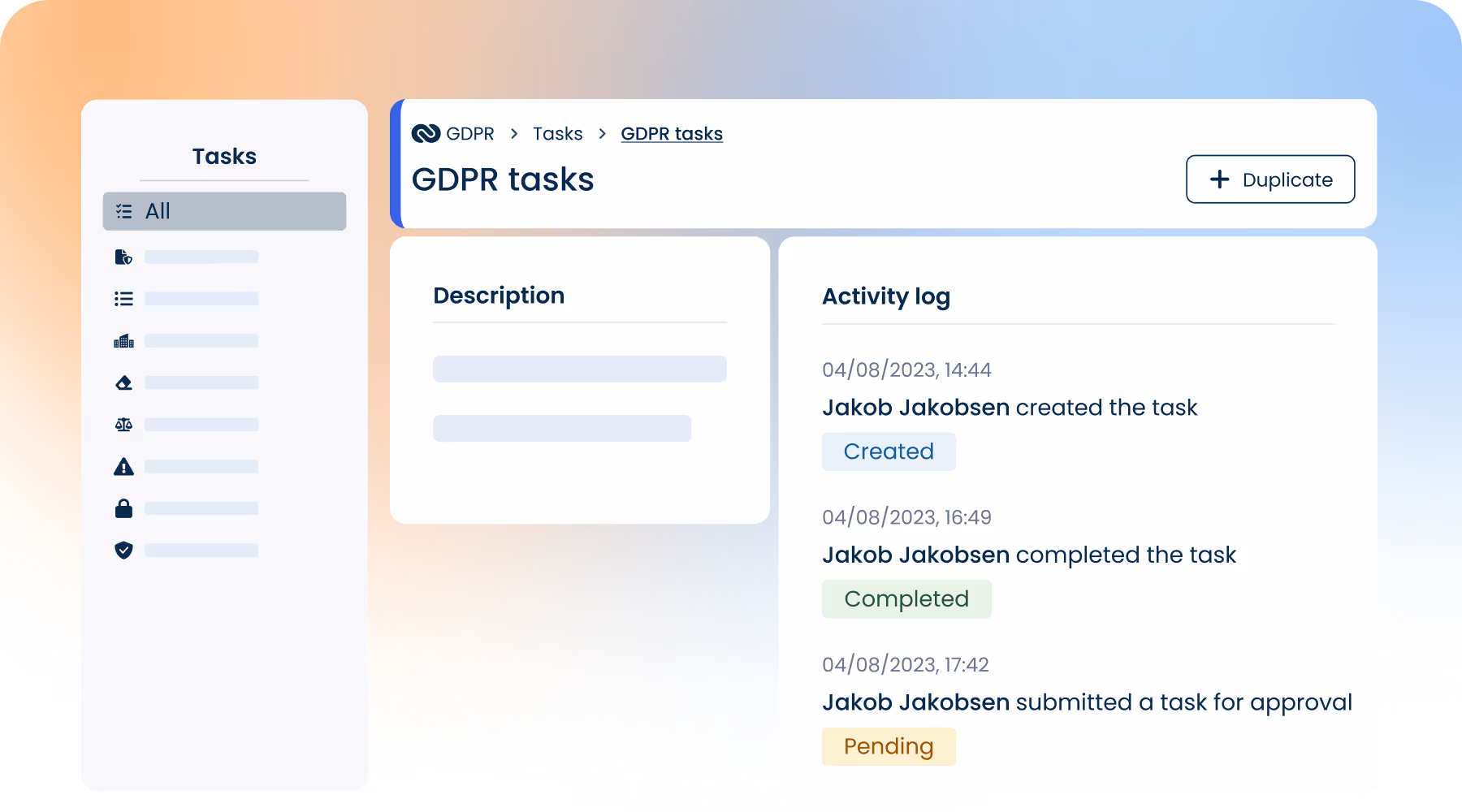 ComplyCloud GDPR task view with status timeline and user activity log