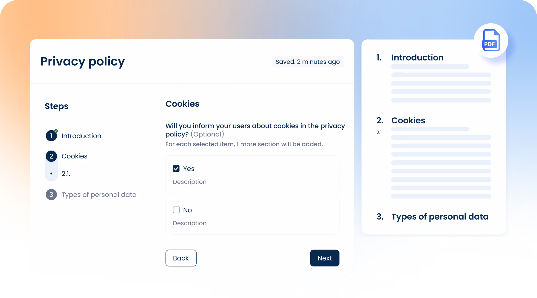Automated privacy policy builder creating compliant documents from questionnaires.
