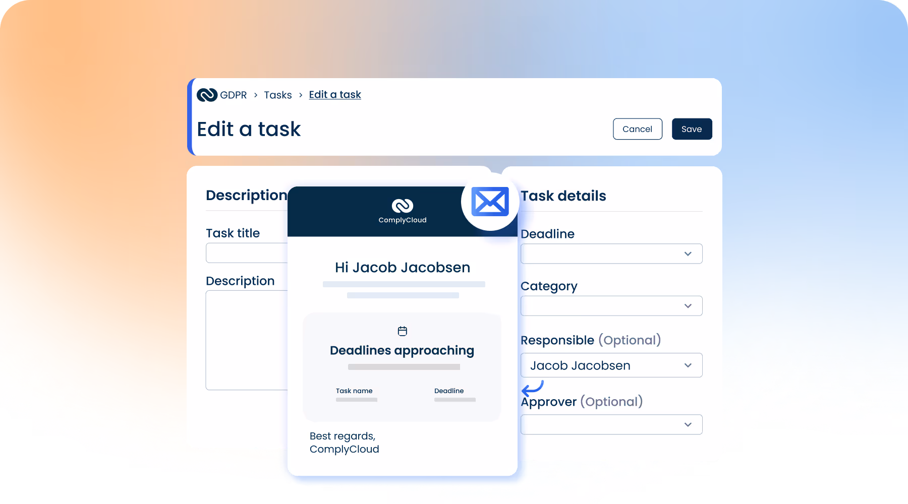 ComplyCloud task editor with automatic deadline reminder email overlay.