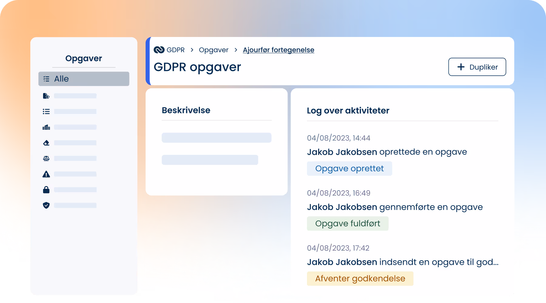 ComplyCloud GDPR-opgavevisning med statuslinje og aktivitetslog