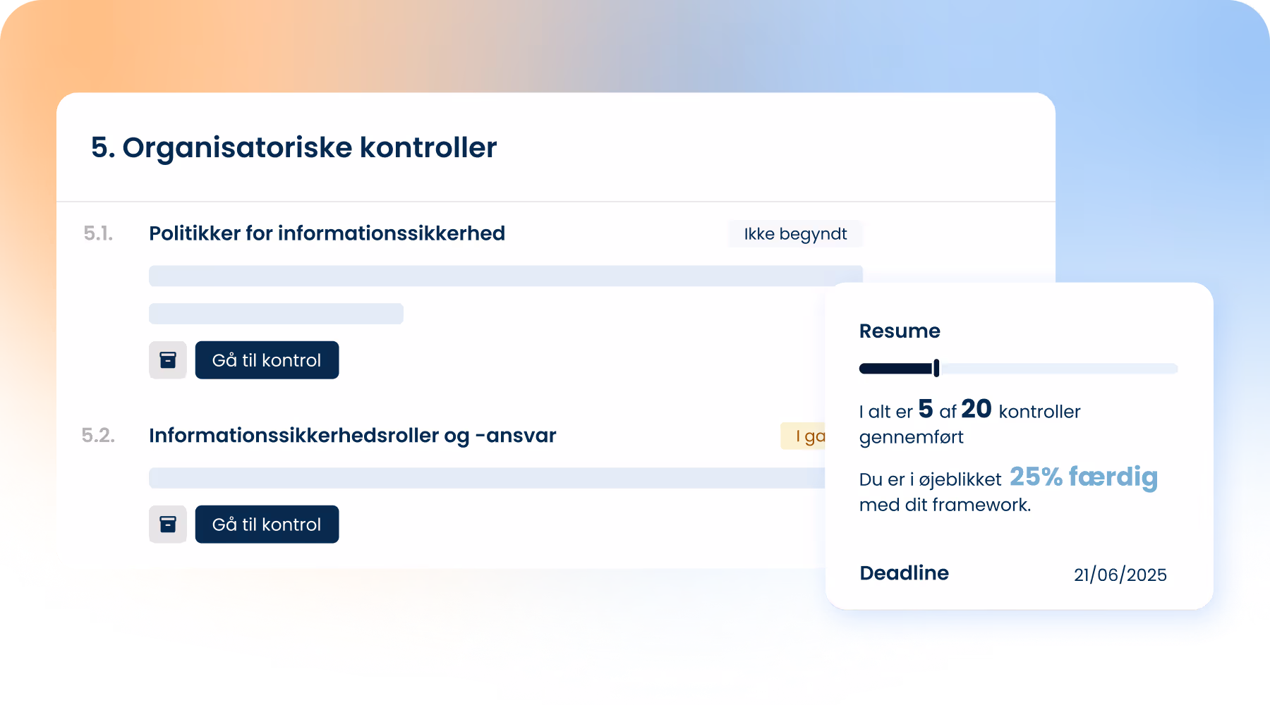 ComplyCloud-interface med organisatoriske kontroller og fremdriftsoversigt