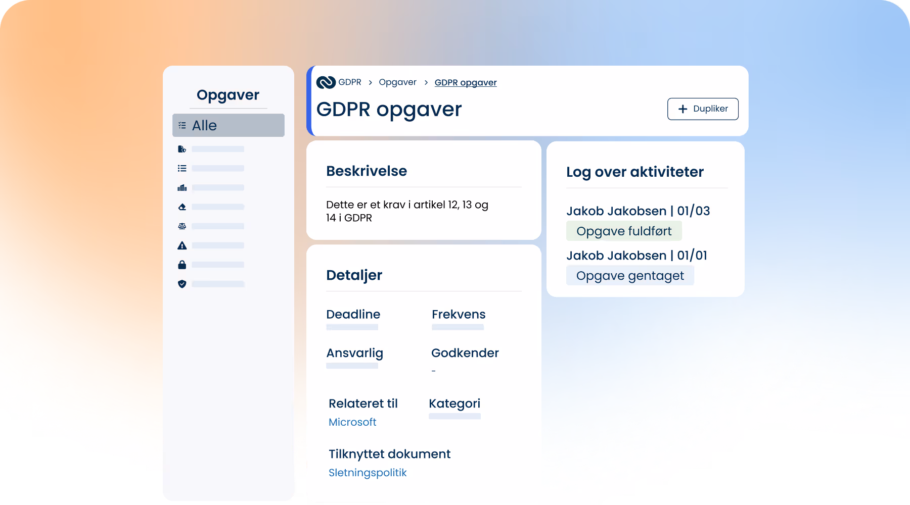 ComplyCloud GDPR-opgavevisning med beskrivelse, metadata og aktivitetslog