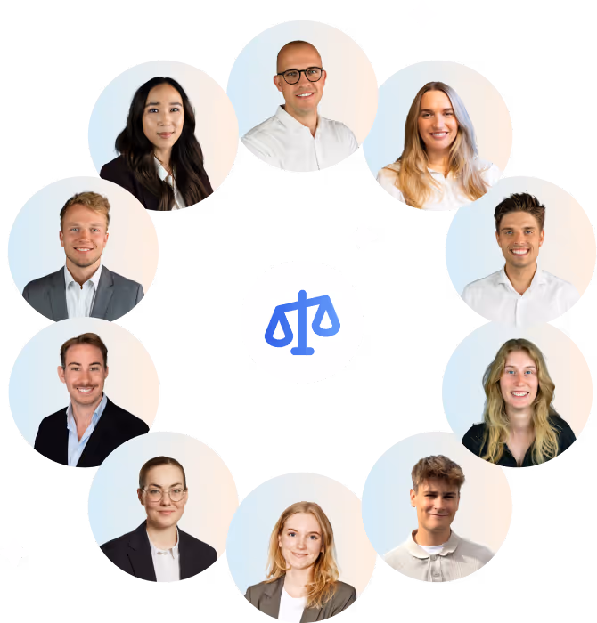 ComplyCloud legal team portraits arranged around justice scale icon
