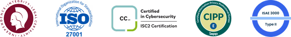 ComplyCloud certifications: ISO 27001, CIPP, ISAE 3000, and cybersecurity badges