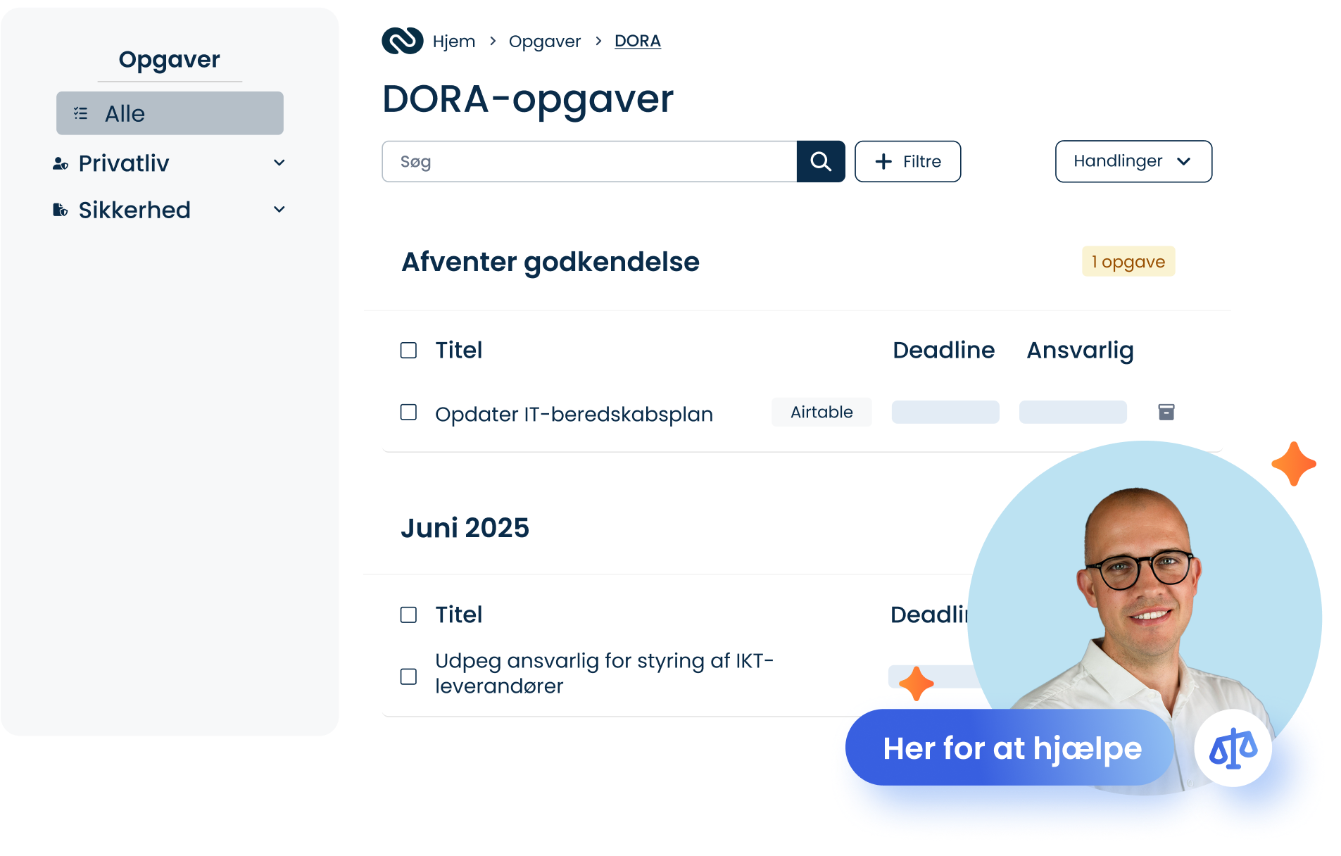 Skærmbillede af DORA-compliance-opgaver
