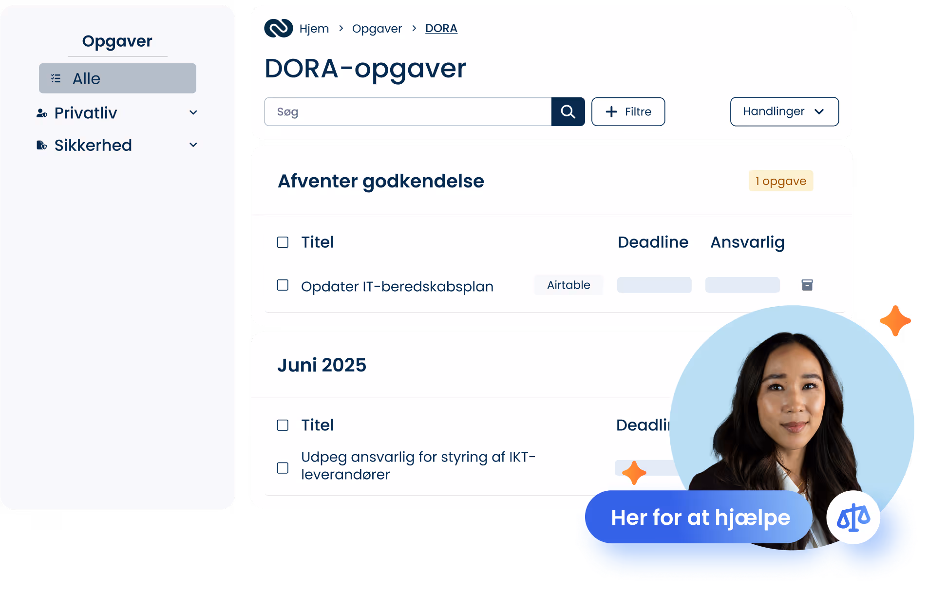 Skærmbillede af DORA-compliance-opgaver