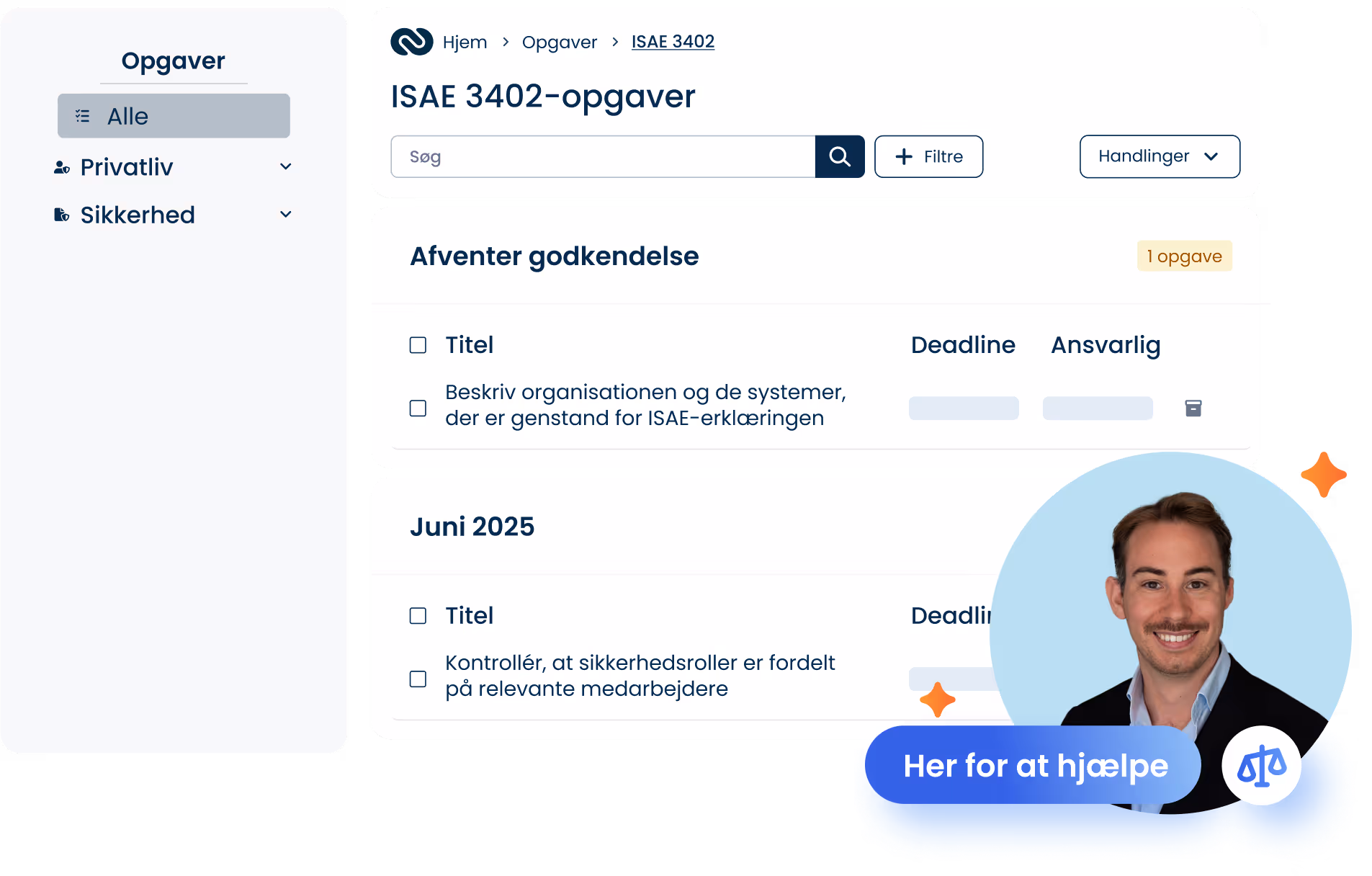 Skærmbillede af ISAE 3402-opgaveoversigt med deadlines og ansvarlige