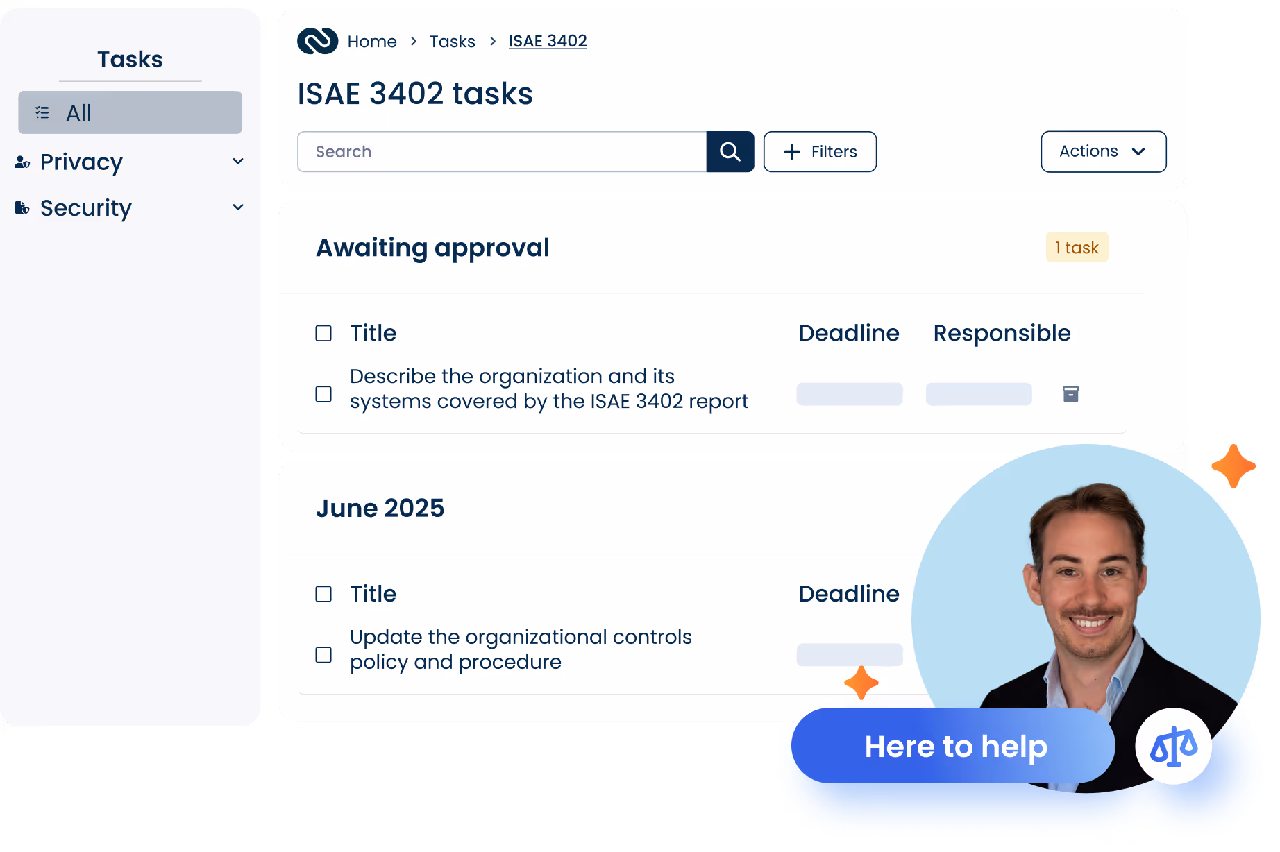 Screenshot of ISAE 3402 task overview with deadlines and responsible roles