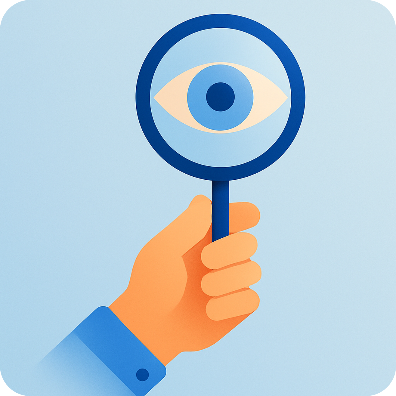 Illustration of a hand holding a magnifying glass with an eye, symbolizing GDPR and IT security awareness.