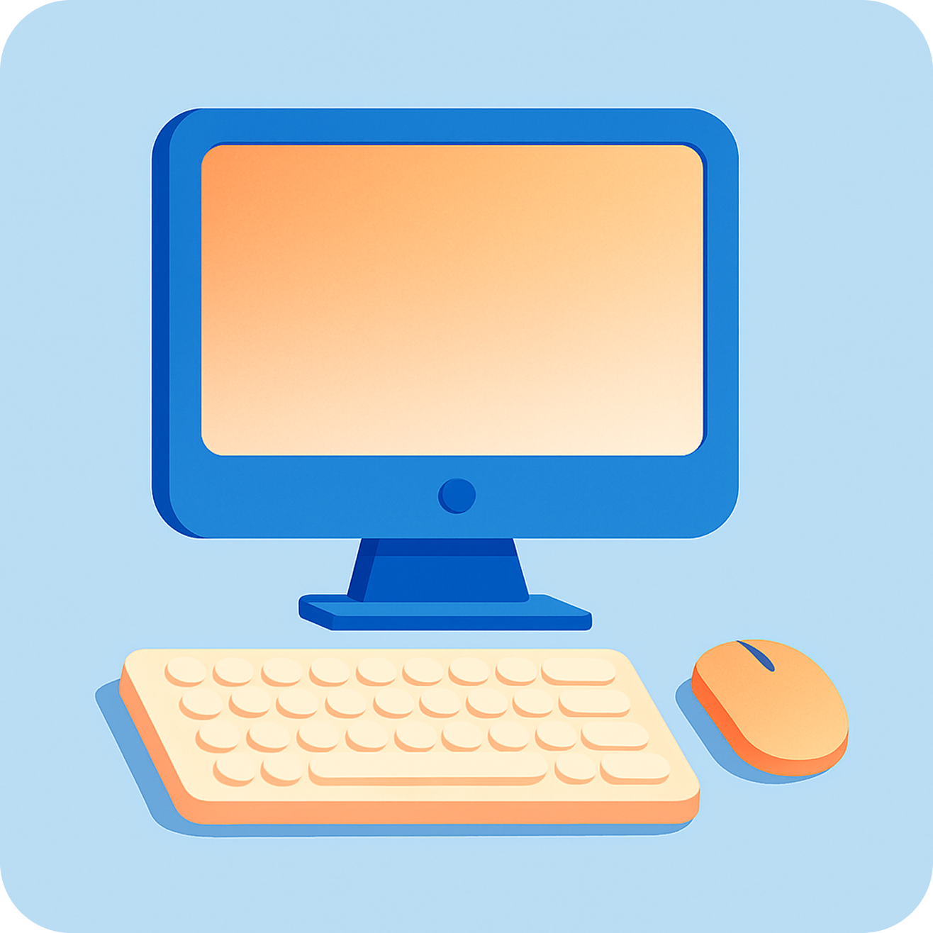 Hand-drawn desktop computer with a keyboard, mouse, and open webpage.