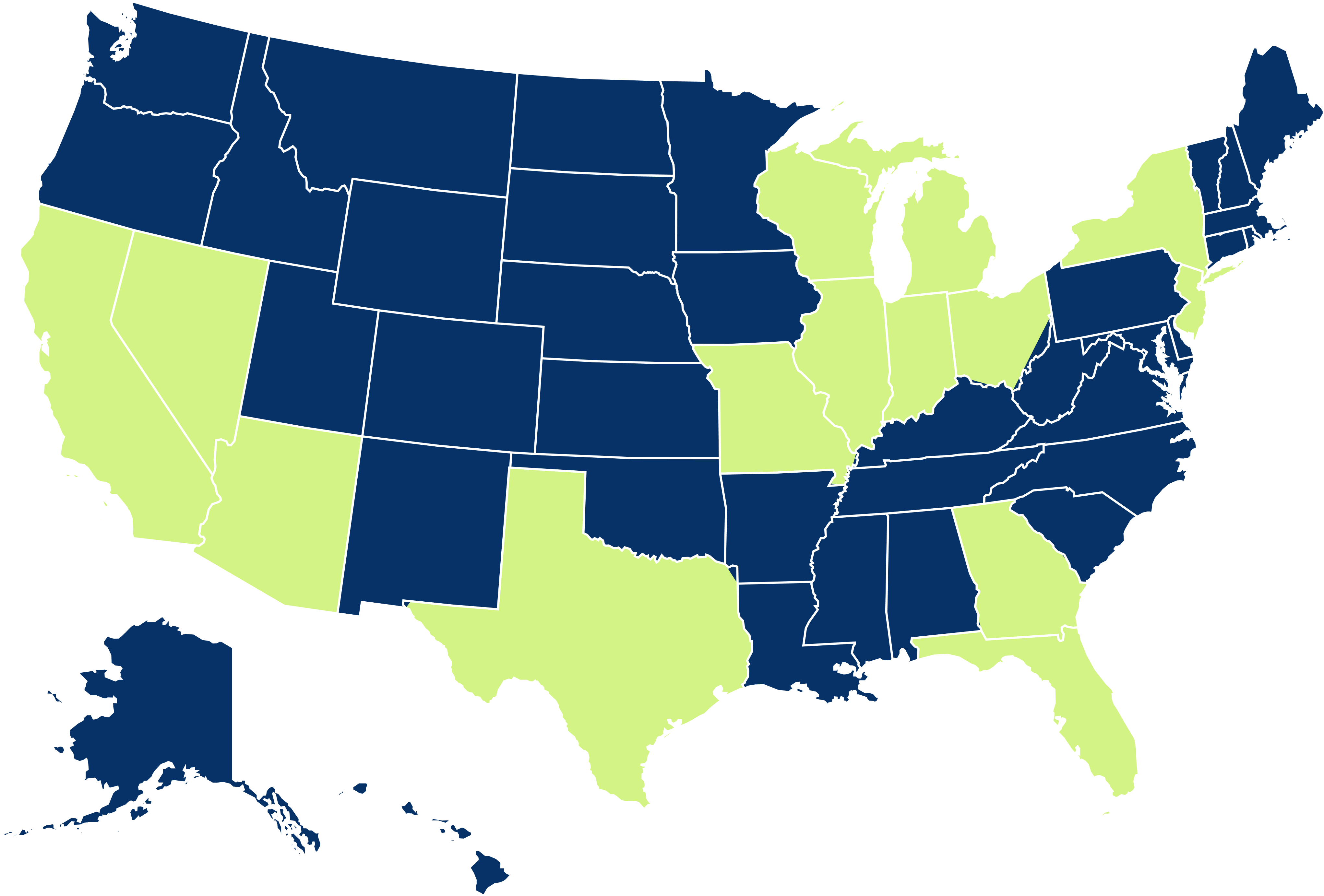 Map of the United States with some states colored light green and others dark blue, indicating two different groups or categories.