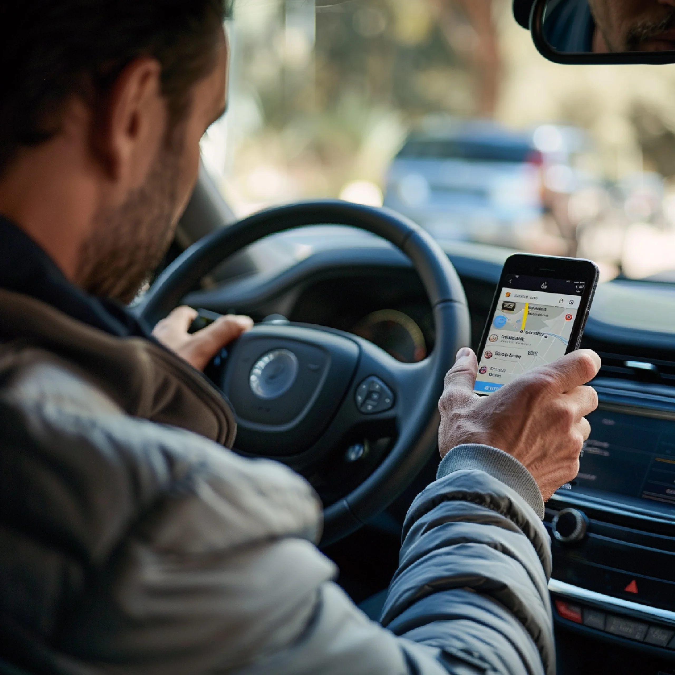 Man holding a smartphone displaying a map app while sitting in the driver's seat of a car.
