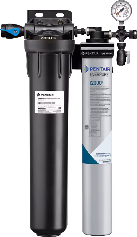Pentair Everpure water filtration system with prefilter and pressure gauge.