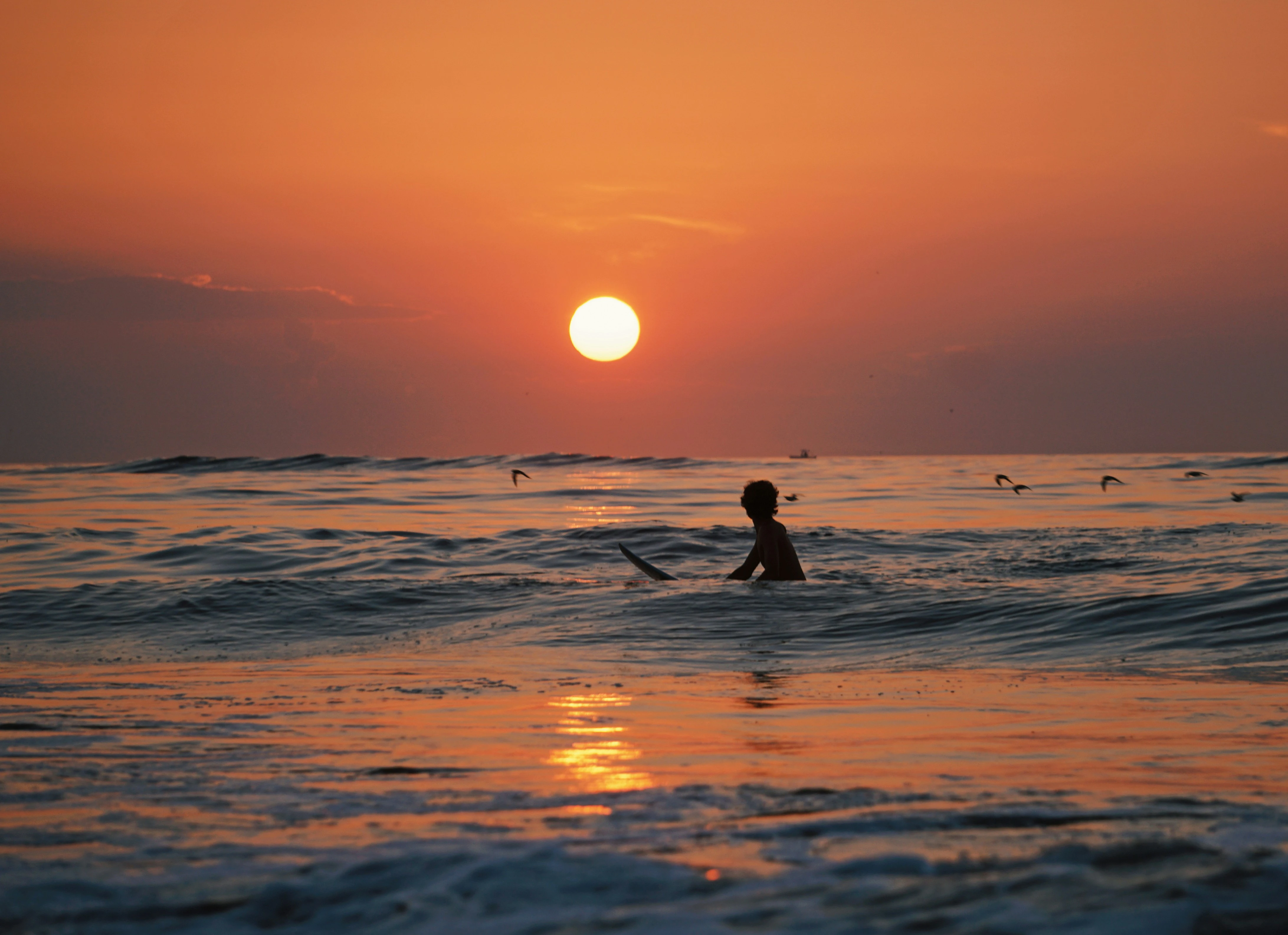 Surfer with sunset in the ocean