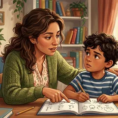 Parent helping school-age child with focused one-on-one tutoring at home desk
