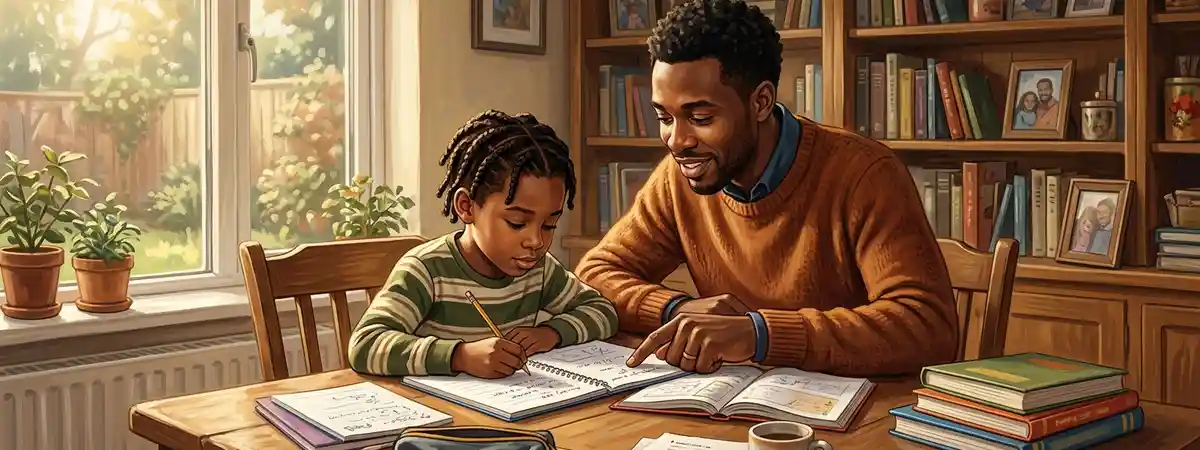 Parent and child studying together at home table with homework and textbooks in warm natural light