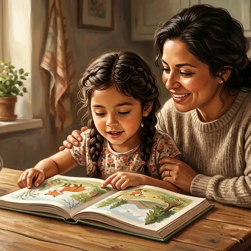 Elementary child reading aloud to parent at kitchen table in natural light, engaged in reading practice together.