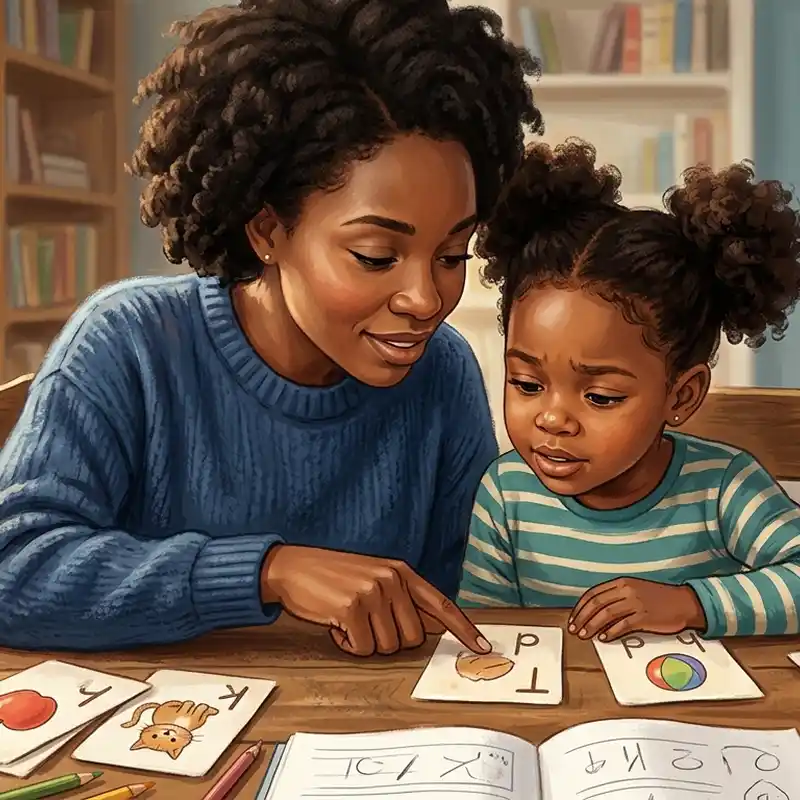 Adult and child focused on phonics flashcards during home tutoring session.