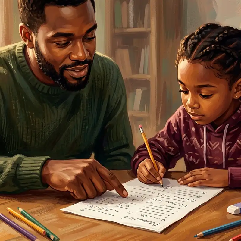 Parent pointing to grammar worksheet while child studies intently at home