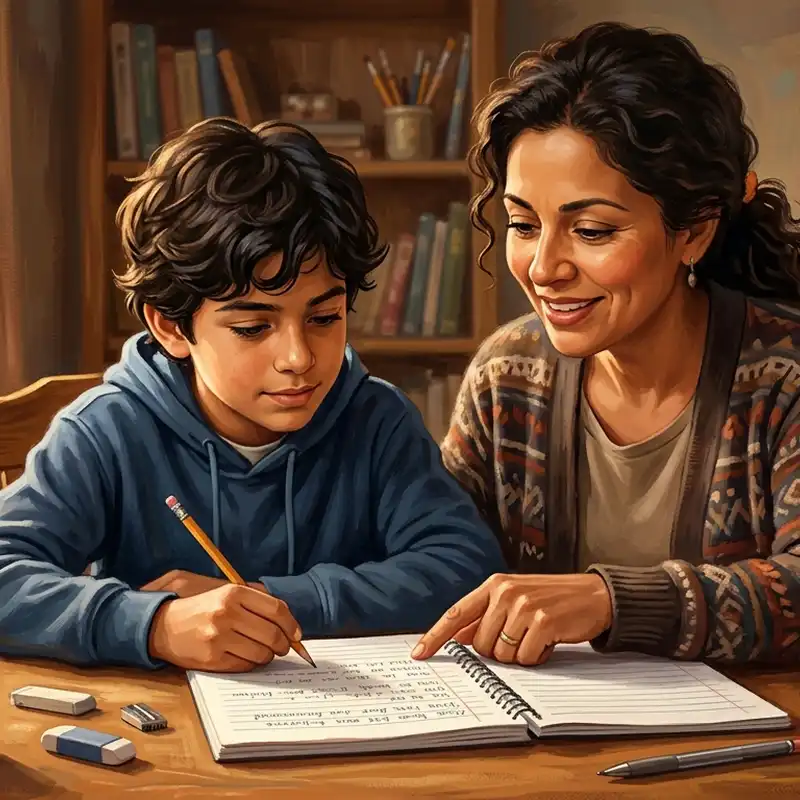 Parent and child working on writing assignment together at desk, supportive tutoring moment at home.