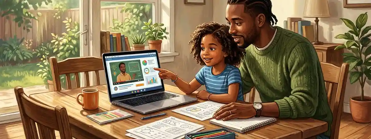 Parent and child reviewing tutoring options on a laptop at home with printed worksheets on table