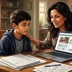 Parent and child examining online tutoring program on laptop together at home table