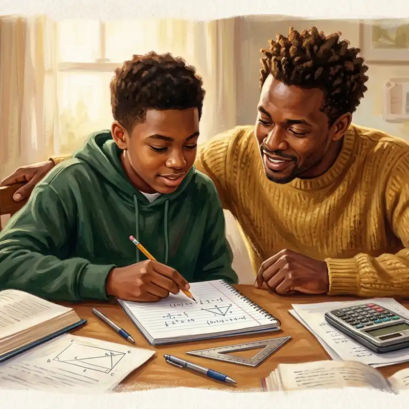 Parent and high school student collaborating on math homework at home with encouraging engagement.