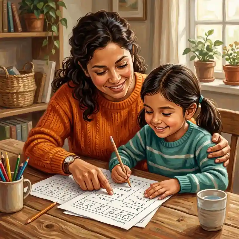 Parent and child focused on math homework at home table