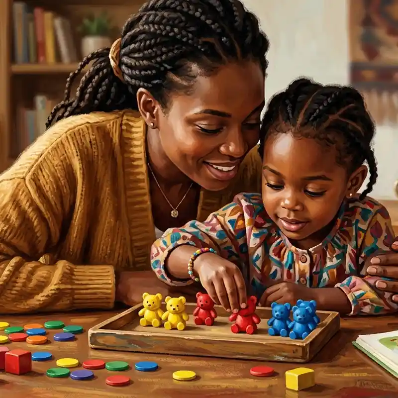 Close-up of parent and young child focused on kindergarten math materials at a home table.